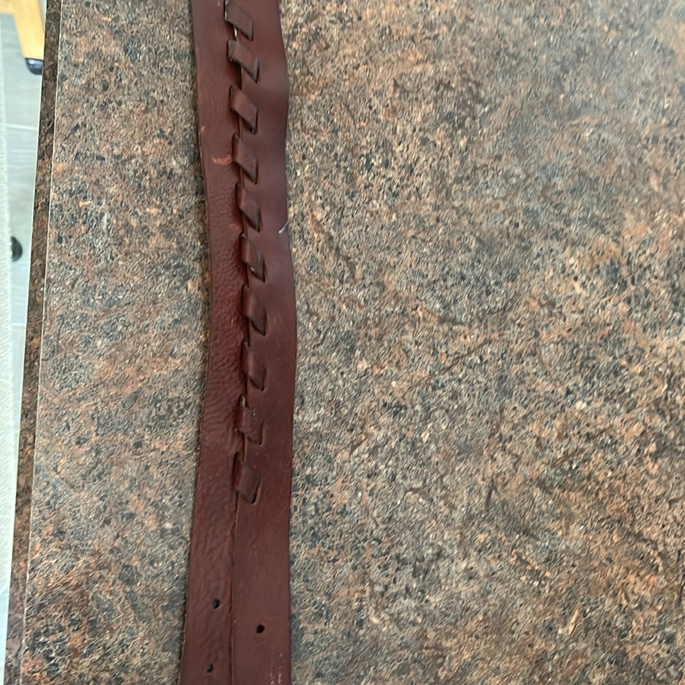 Western brown leather belt braid center double Silvertone round buckle 43” - Picture 7 of 11